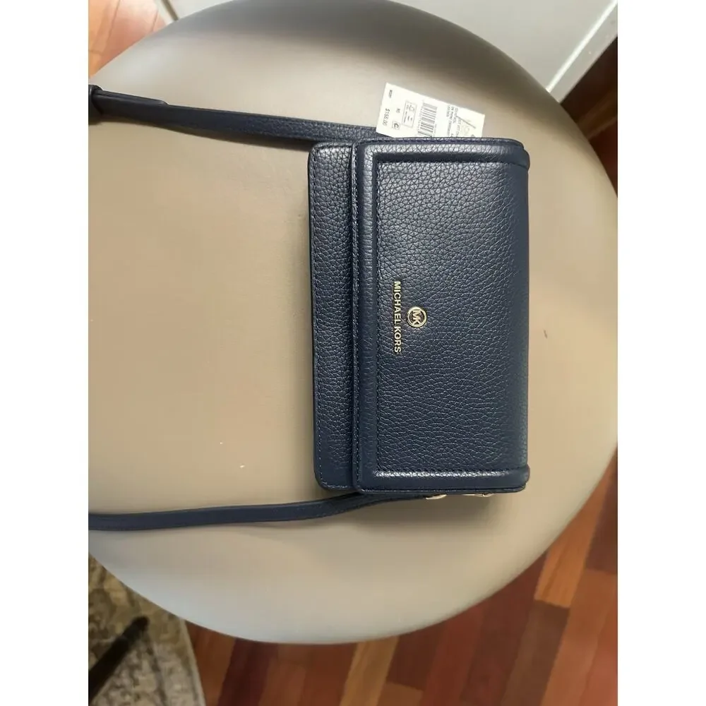 Michael Kors Fulton Pebbled Leather Crossbody Wallet Navy NWT
